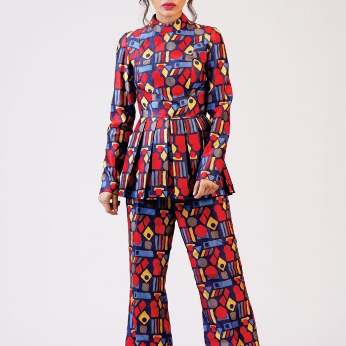 Creative corporate Jacket shirt with pleated waist attachment added with flaired trouser